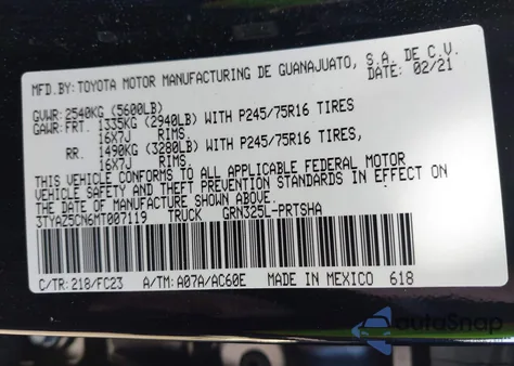 2021 Toyota Tacoma Sr5 V6 из США, поврежденный, VIN 3TYAZ5CN6MT007119